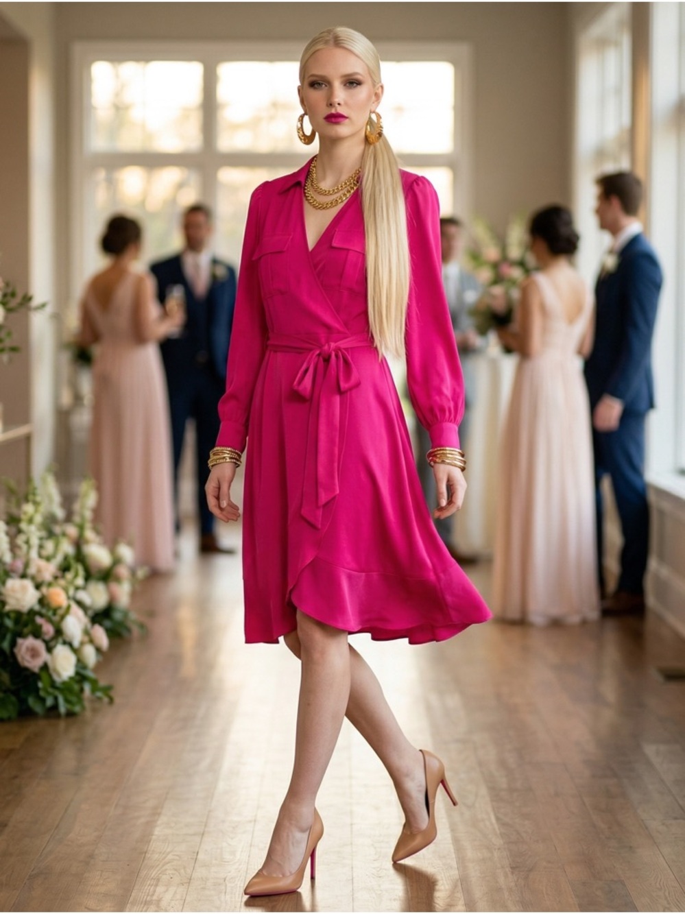 DKNY Hot Pink Wrap Dress NWT Size 8 Belted Long Sleeve NWT